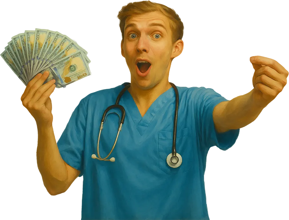Smiling financial doctor holding cash and gesturing confidently with a stethoscope around his neck