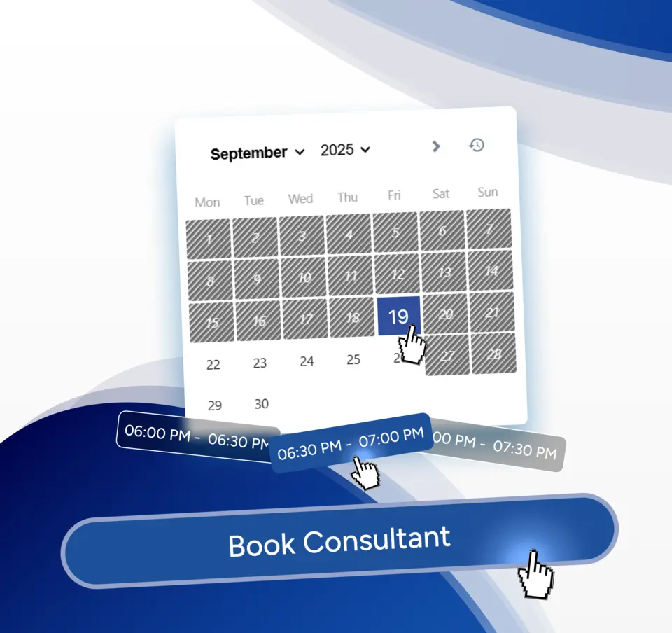 A calendar interface for booking a financial consultant, showing a user selecting the 19th and available time slots.