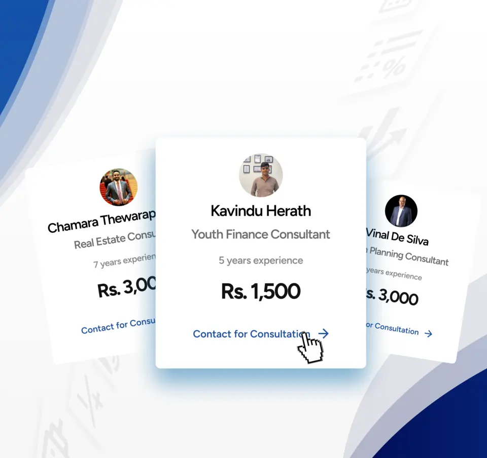 A list of financial consultants with their names, specializations, years of experience, and consultation fees.