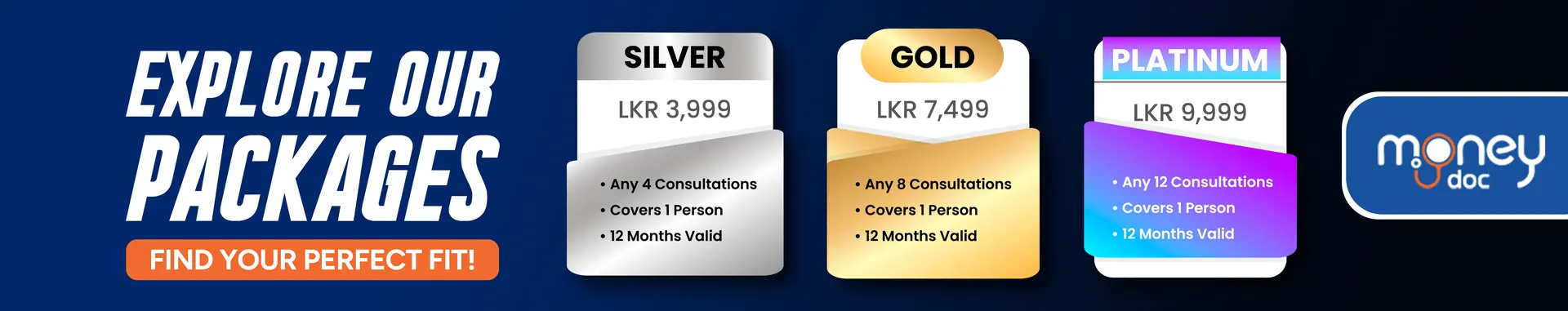 A banner displaying three pricing packages for Money Doc: Silver, Gold, and Platinum, with their respective prices in LKR and details.